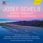 Der Text listet Musikwerke von Josef Schelb auf: Capriccio, Hornkonzert, Trauermusik, Bläserkonzert. Berglandschaft im Hintergrund.