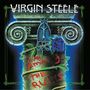 "Virgin Steele" oben, "Life Among the Ruins" in Rot auf Säule. Illustration mit Rose und einem Metallhelm.