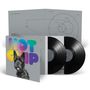 Bunte Schrift "HOT CHIP", darunter ein Bild eines schwarzen Hundes mit herausgestreckter Zunge. Zwei Vinyl-Schallplatten.