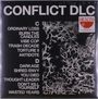 Großer Text: "CONFLICT DLC". Titel darunter: "C" mit sechs und "D" mit sechs weiteren Songtiteln. Rechts oben Logo „HEALTH“. abstraktes Muster.