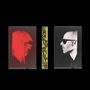 Texte: "play all the words backward and the alchemist" auf gelbem Hintergrund. Links: rotes Profil einer schreienden Person. Rechts: schwarz-weißes Profilbild einer Person mit Sonnenbrille.