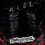 Text: "RISE+" und "TOM#KEIFERBAND". Dunkler Hintergrund, skizzenhafte Engelsflügel und rote Akzente.