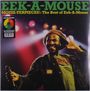 Text oben: "EEK-A-MOUSE, MOUSE-TERPIECES!: The Best of Eek-A-Mouse". Sänger mit Mikrofon vor bunten Lichtern.