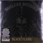 "Nuclear Messiah", "Black Flame" auf dunklem Hintergrund mit Schädel und Schwertmotiv; links unten Textblock.