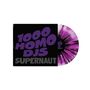 Text: „1000 Homo DJs Supernaut“. Links ein schwarzes Cover mit lila Schrift, daneben eine lila-weiße Schallplatte.
