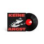 Rote Schrift: "DANGER DAN", "KEINE ANGST". Schallplatte mit rotem Label. Illustration: Klaviertasten und Hände.