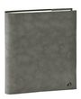 Grauer Ordner mit glatter Oberfläche, Logo unten rechts. Dicke Nähte an den Kanten sichtbar.