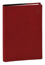 Ein rotes Notizbuch mit einem geprägten Blatt-Design in der oberen rechten Ecke.