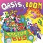 "Oasis, Boom, Cactus Bus." Buntes, psychedelisches Cartoon mit Figuren in einem Bus in Wüstenlandschaft.