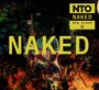 "NTO NAKED NEW ALBUM" steht oben. Eine Person in einem bunten, abstrakten Hintergrund. Dickes "NAKED" zentral.