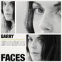 Texte: "BARRY FACES", Titelliste mit Künstlernamen. 
Mehrere Fotos einer Frau mit langen Haaren, in Schwarzweiß.