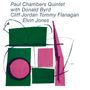 "Paul Chambers Quintet with Donald Byrd Cliff Jordan Tommy Flanagan Elvin Jones." Abstrakte Formen in Grün und Rosa.