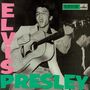 Text: „ELVIS PRESLEY“, „HIS MASTER'S VOICE“. Schwarz-weißes Foto eines Mannes, singend mit Gitarre.