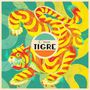 Text: "C'mon TIGRE". Illustration: Ein farbenfroher Tiger, dynamisch und lebhaft dargestellt mit geschwungenen Linien.