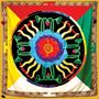 Eine bunte Illustration mit einem zentralen, rotierenden Wirbel umgeben von grünen Schlangenmotiven auf einem komplexen Muster.