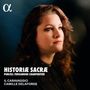 Texte: "HISTORIÆ SACRÆ PURCELL FERRANDINI CHARPENTIER IL CARAVAGGIO CAMILLE DELAFORGE." Porträt einer nachdenklichen Frau.