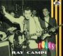 Texte: "RAY CAMPI ROCKS". Schwarz-weißes Konzertfoto, zwei Männer spielen Gitarre, einer hebt die Hand, Gelb-Schwarz-Streifen.