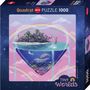Text: "Quadrat HEYE PUZZLE 1000", "Tiny Worlds". 

Illustration zeigt eine Sanduhr mit Insel, Ozean und Delfinen, umgeben von Regenbögen.