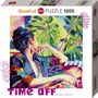 "PUZZLE 1000", "TIME OFF". Buntes, modernes Gemälde einer Frau in tropischer Kulisse, üppiges Blattwerk im Hintergrund.
