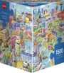 1500 Puzzle + Poster. Good Old Europe. Illustration von einer bunten Stadt mit bekannten europäischen Wahrzeichen.