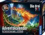 Die Texte lauten: "Die drei ???", "Adventskalender", "Der Fluch des Feuervogels - in 24 Rätseln". Illustration: Ein Feuervogel im Kino.
