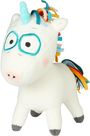Plüsch-Einhorn mit blauem Horn, großen aufgestickten Augen und bunter Mähne in einem verspielten Design.