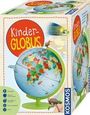 Text: "Kinder-GLOBUS". Illustration eines Globus mit grünem Standfuß, umgeben von Tieren.