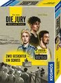 "Die Jury: Zwei Gesichter - Ein Schuss." Drei gezeichnete Personen, ein Gerichtsgebäude, Publikum im Gerichtssaal.