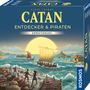 Text: "Klaus Teuber Catan Entdecker & Piraten Erweiterung". Eine Illustration zeigt Schiffe auf bewegtem Meer bei Sonnenuntergang.