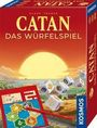 „CATAN: DAS WÜRFELSPIEL“ von Klaus Teuber. KOSMOS-Logo. Sonnenuntergang, Landschaft, Würfel und Spielbrett.