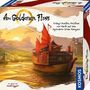 "Am Goldenen Fluss" in kalligrafischer Schrift. Illustration: Ein traditionelles Schiff auf einem Fluss bei Sonnenuntergang.