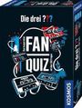 „Die drei ???“, „Das knifflige FAN QUIZ“, „Über 1000 Fragen“. Illustration mit Kassetten und Fragezeichen-Motiven.