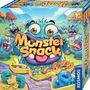 "Monster Snack" steht in großen Buchstaben. Bunte, fröhliche Monster mit Essen umgeben den Schriftzug, für Kinder geeignet.