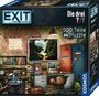 „EXIT: Das Puzzle“, „Die drei ???“, „500 Teile“, „Mit kostenloser App“. Ein Raum mit Schreibtisch und Naturbild an der Wand.