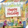 „Happy Holiday“ in roter Schrift auf einem Reisemotiv. Menschen mit Koffern und berühmte Bauwerke im Hintergrund.