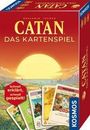 Text: "CATAN DAS KARTENSPIEL" und "Schnell erklärt, schnell gespielt". Verpackung mit Sonnenuntergang und Kartenabbildungen.