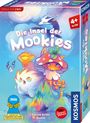 "Die Insel der Mookies", "Spiele für Zwei", "4+ Alter". Illustration von Tierfiguren mit leuchtenden Farben.