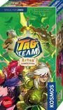 Text: "Spiele für zwei", "TAG TEAM", "Artus Vermächtnis", "Kosmos". Illustration von Helden in Rüstungen auf grünem Hintergrund.