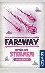 "FARAWAY UNTER DEN STERNEN ERWEITERUNG" und "KOSMOS" neben lila Meteoren auf weißem Hintergrund.