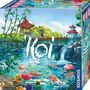 Text: "Koi", "KOSMOS". Illustration eines Teichs mit Koi-Fischen, Pagoden, Wasserfall und Pflanzen.