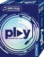 "4000+ Songs Spotify, YouTube Music, Apple Music. play. THE MUSIC PARTY GAME." Blaue Box mit Kreismuster und Mikrofon.