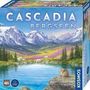 "CASCADIA BERGSEEN" und "KOSMOS". Gemälde: See mit Bergen, Wäldern und einer Robbe auf einem Felsen im Vordergrund.