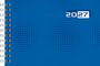 "2027" in weißer Schrift auf blauem Hintergrund, spiralförmige Bindung links, geometrisches Muster.