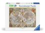 Text "1500", "Ravensburger Puzzle". Zwei antike Weltkarten mit aufwendigen Illustrationen.