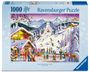 "1000 Ravensburger Puzzle" auf eisblauem Hintergrund, zeigt eine lebhafte Winterszene auf einer Skipiste mit vielen Skifahrern.