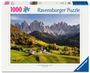 "1000", "Ravensburger Puzzle". Alpenlandschaft mit Dorf, grünen Wiesen, bunten Bäumen und markanten Berggipfeln.
