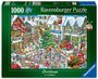 "Ravensburger Puzzle" und "Christmas". Weihnachtliche Illustration, geschäftiges Dorf, Schnee, Dekorationen, bunte Szenen.