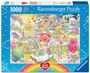 Ravensburger Puzzle 1000 Teile. Care Bears Szene in einer bunten Fantasiewelt mit Regenbögen, Herzmotiven und Teddybären.