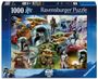 Ravensburger Puzzle, 1000 Teile, Star Wars Mandalorian und Grogu Cover mit Charakteren und Raumschiffen als Illustration.