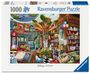 "1000 Ravensburger Puzzle. Bücher und Figuren bekannter Disney-Charaktere in einer farbenfrohen Bibliothek mit einem großen Baum."
